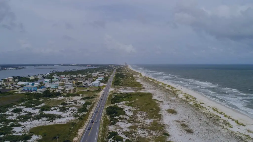 Aerial view of the Gulf Shores Alabama beach and coastline