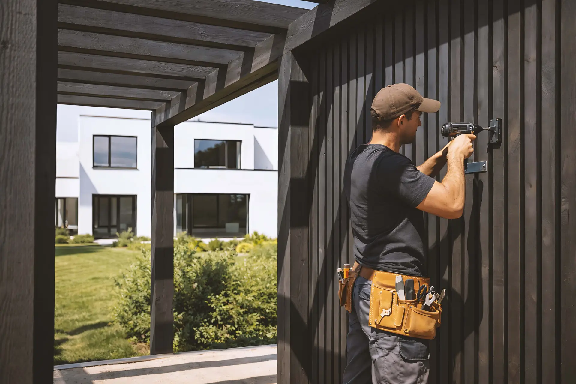 Man wearing a cap uses a cordless drill on a dark wooden fence outdoors, tool belt around his waist.