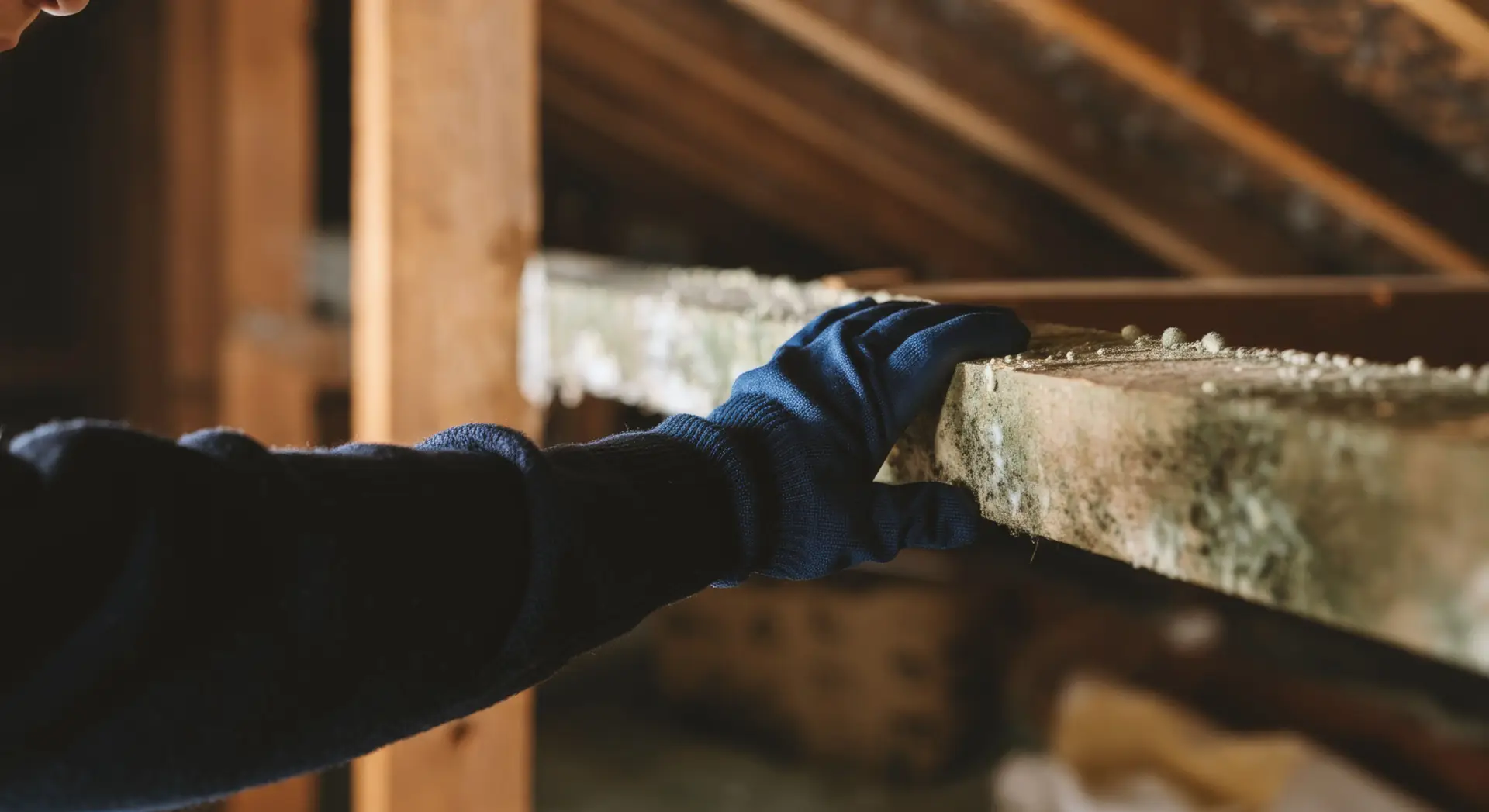 Gloved hand grasping a dusty concrete beam in a wooden workshop setting, close up.