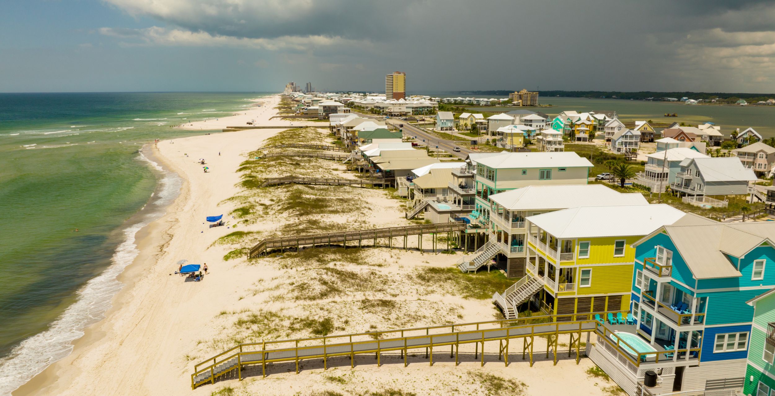 Aerial view of beachfront vacation homes in Baldwin County, Alabama