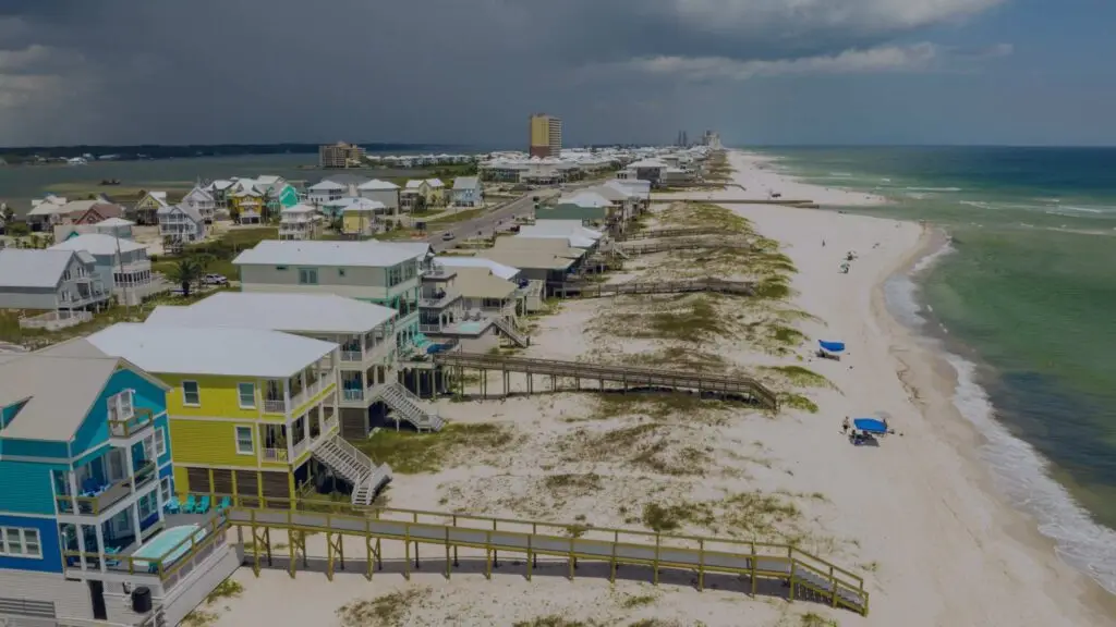 Aerial view of a Gulf Shores Alabama coastal community along the Baldwin County shoreline