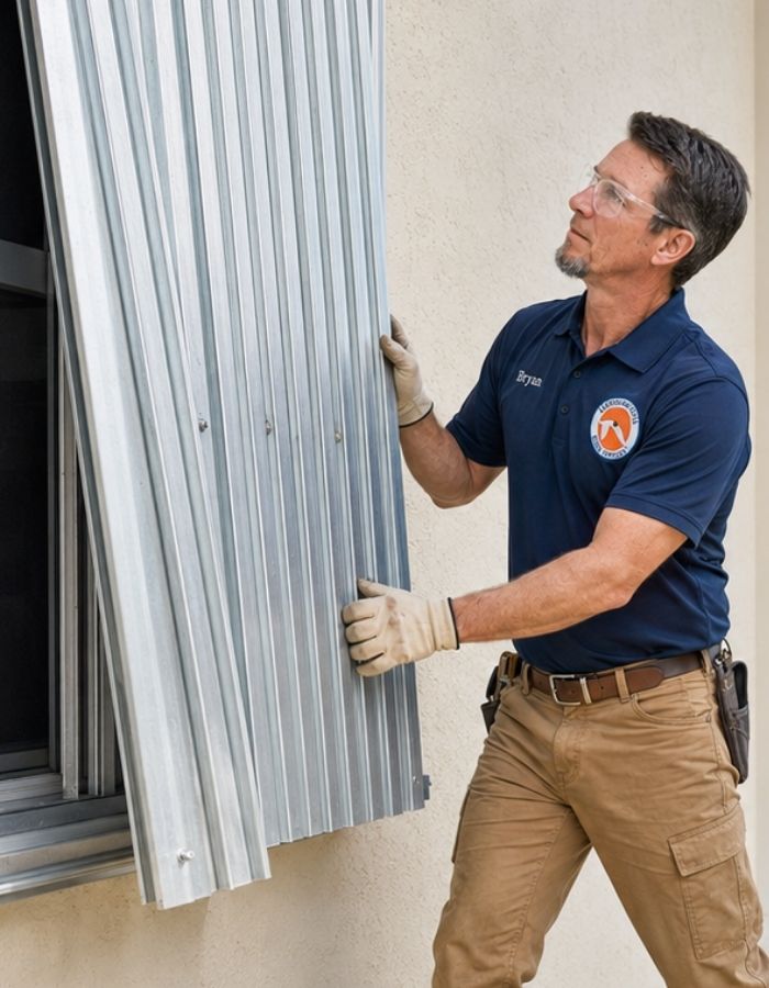 Bryan Nelson installing corrugated hurricane window protection on a Gulf Shores, Alabama home.