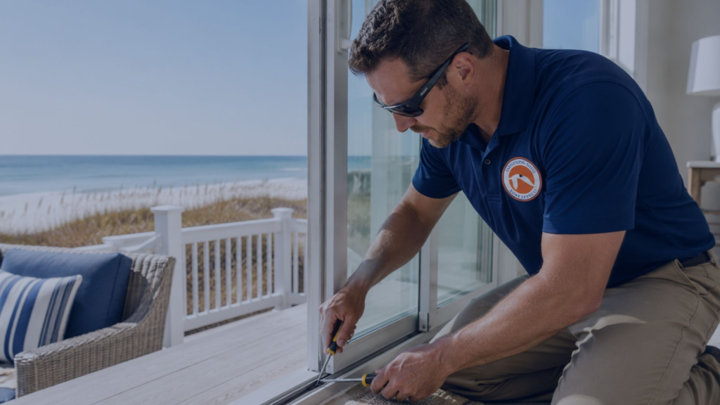 Laughing Gull Home Services handyman repairing a sliding glass door track at a Gulf Shores beachfront rental property