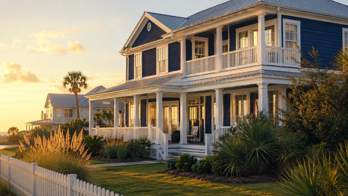 Upscale navy coastal home in Gulf Shores, Alabama with white trim and landscaped yard at golden hour