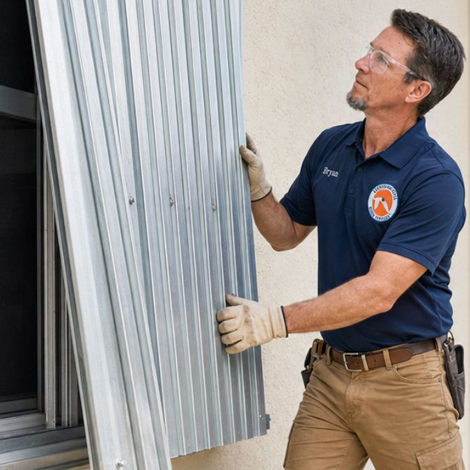Bryan Nelson installing corrugated hurricane window protection on a Gulf Shores, Alabama home.