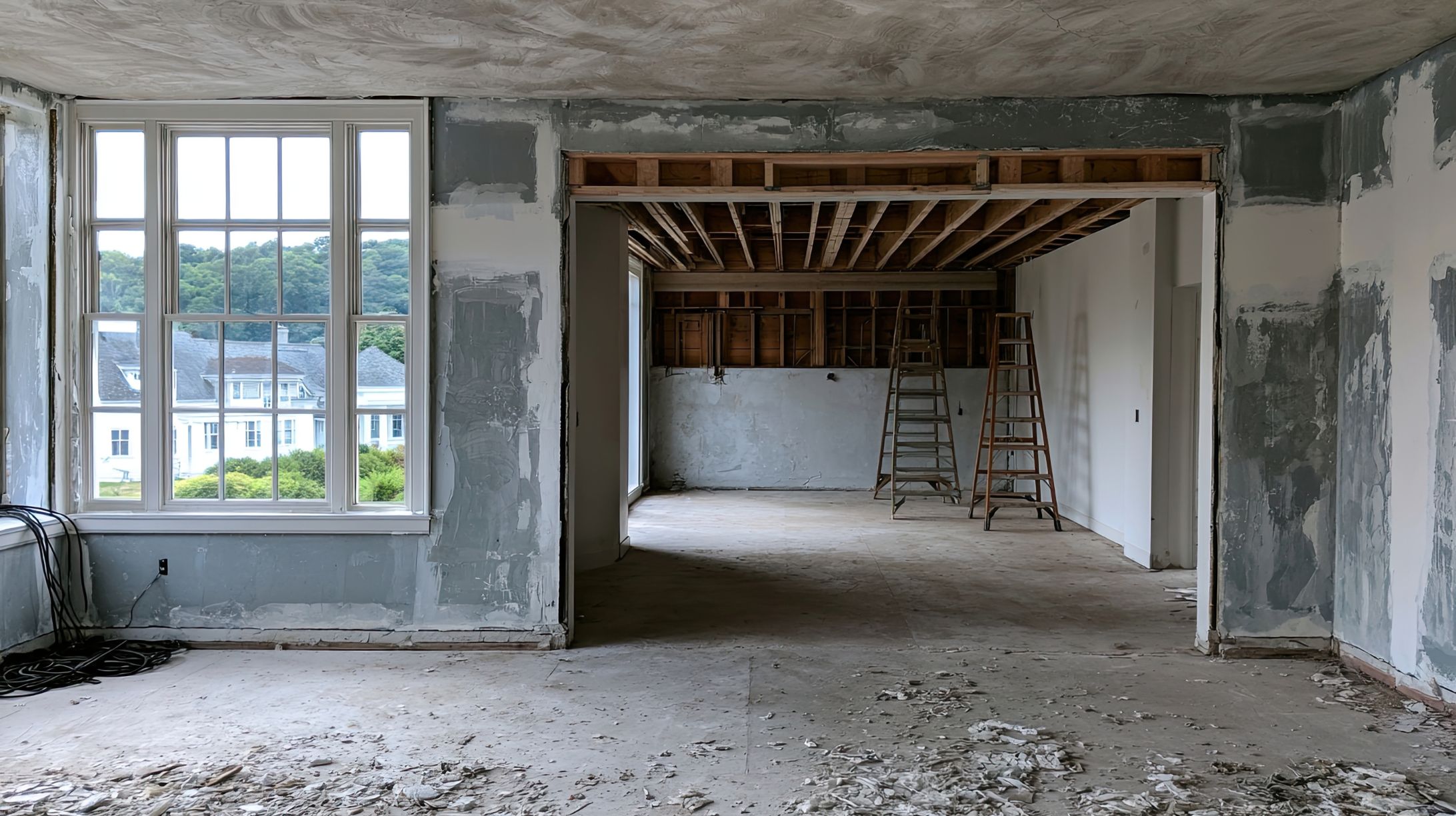 Home interior mid-renovation with patched drywall and exposed framing during a repair project in Gulf Shores, Alabama