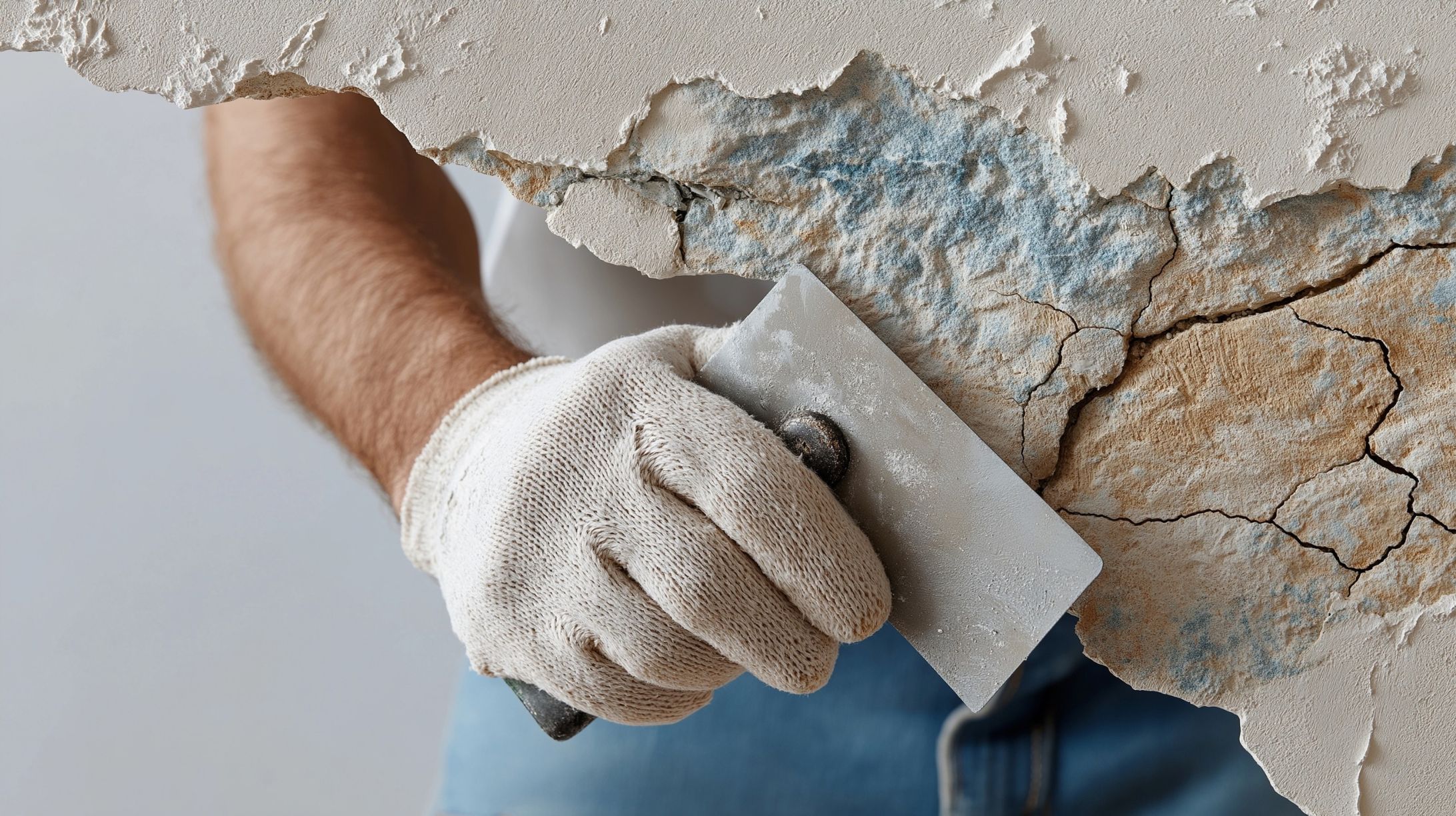 Handyman using a putty knife to repair cracked and damaged drywall in a Gulf Shores, Alabama home