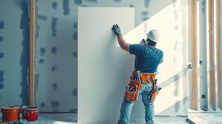 Handyman installing a drywall panel during a drywall repair in a Gulf Shores, Alabama home