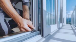 Handyman adjusting a sliding glass door roller on a condo balcony, one of the home repairs you shouldn't put off in Gulf Shores, AL