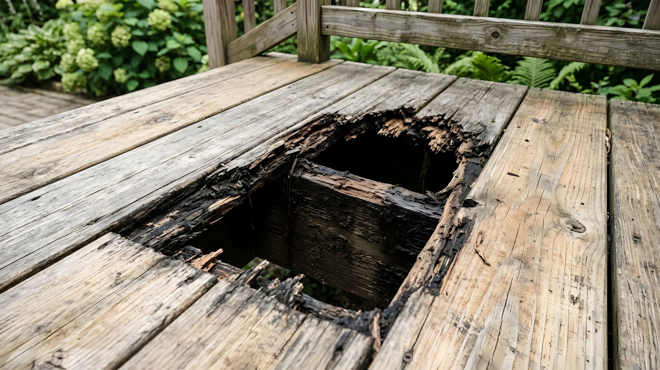 Severely rotted deck boards with a hole exposing damaged framing at a Gulf Shores, Alabama home