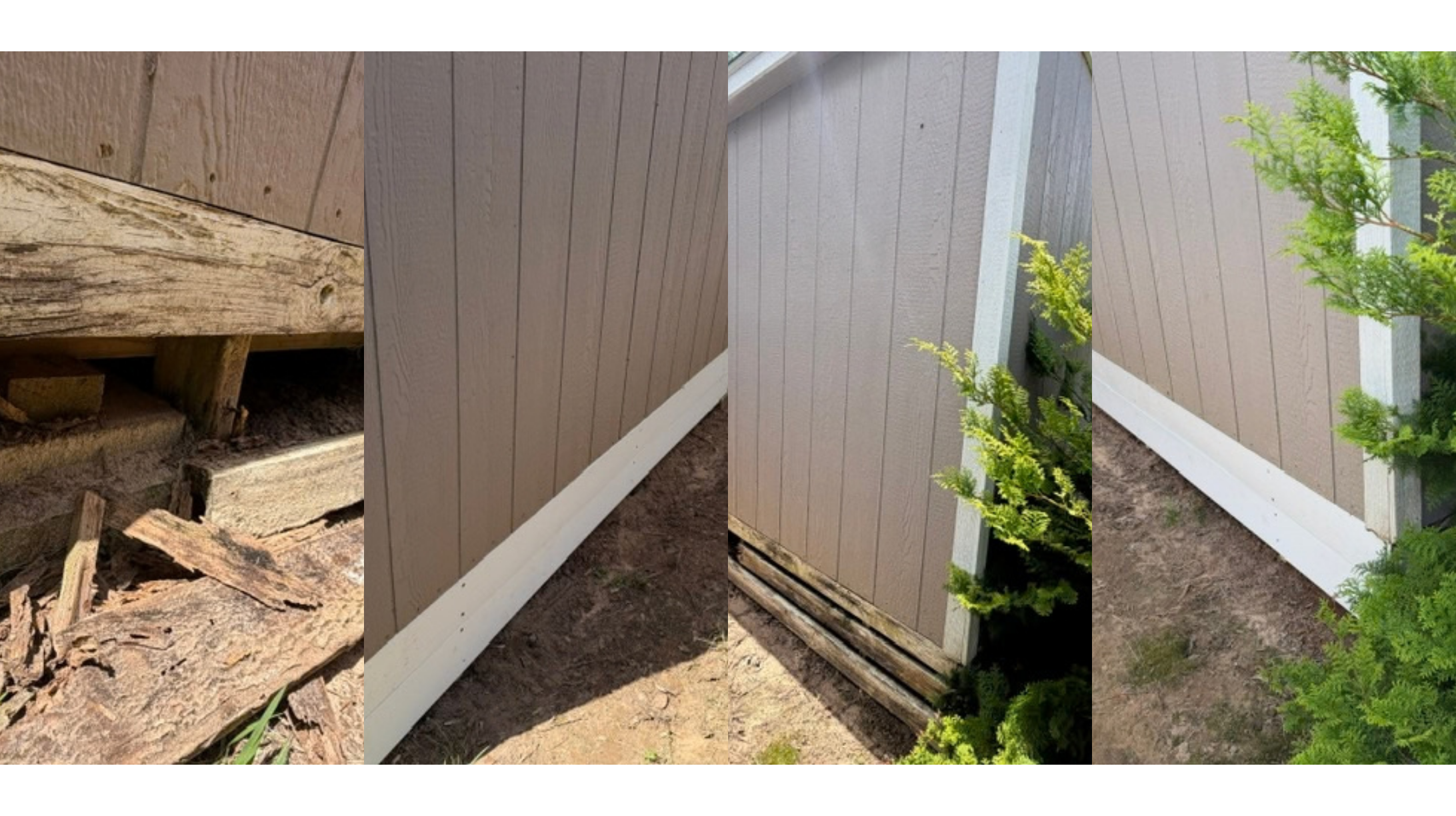 Before and after wood rot repair on exterior siding and trim at a Gulf Shores, Alabama home