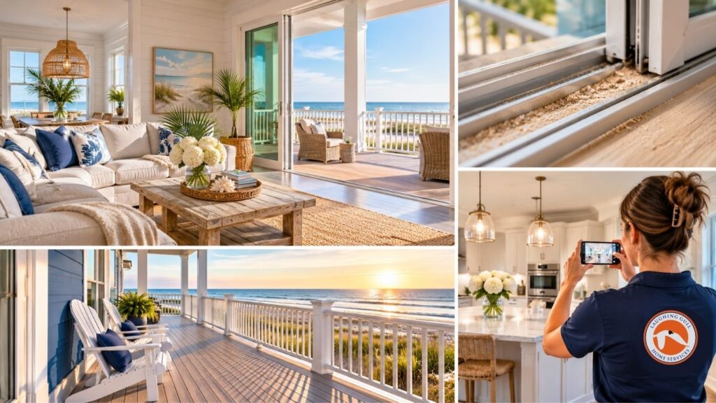Gulf Shores second home seasonal reset with clean living room, swept beachfront deck, sliding door track cleaning, and photo report