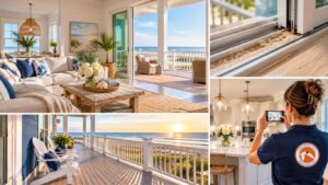 Gulf Shores second home seasonal reset with clean living room, swept beachfront deck, sliding door track cleaning, and photo report